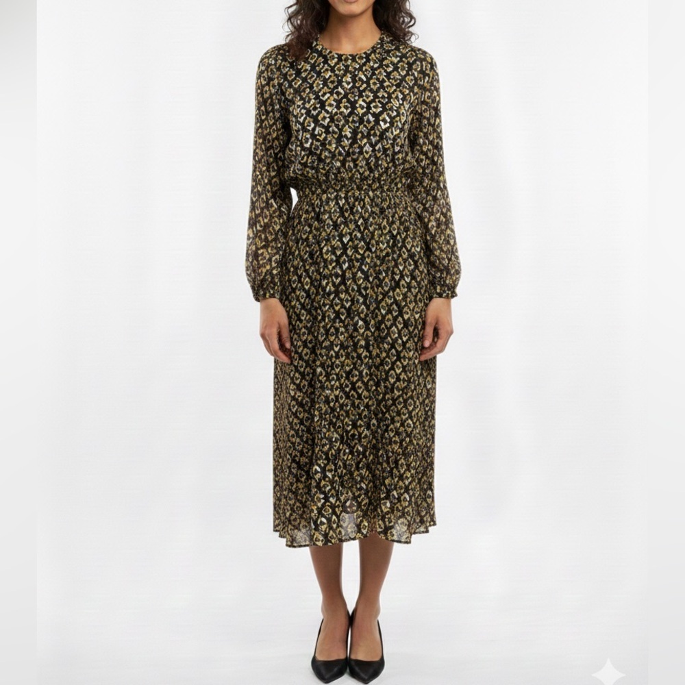 NWT Lola Italy Silk Blend Long Sleeve Geometric Midi Dress Bohemian Sz L - Picture 1 of 11